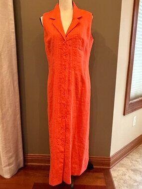 Coldwater Creek Coral Maxi 100% Linen Button Down Sleeveless Dress, Size 12